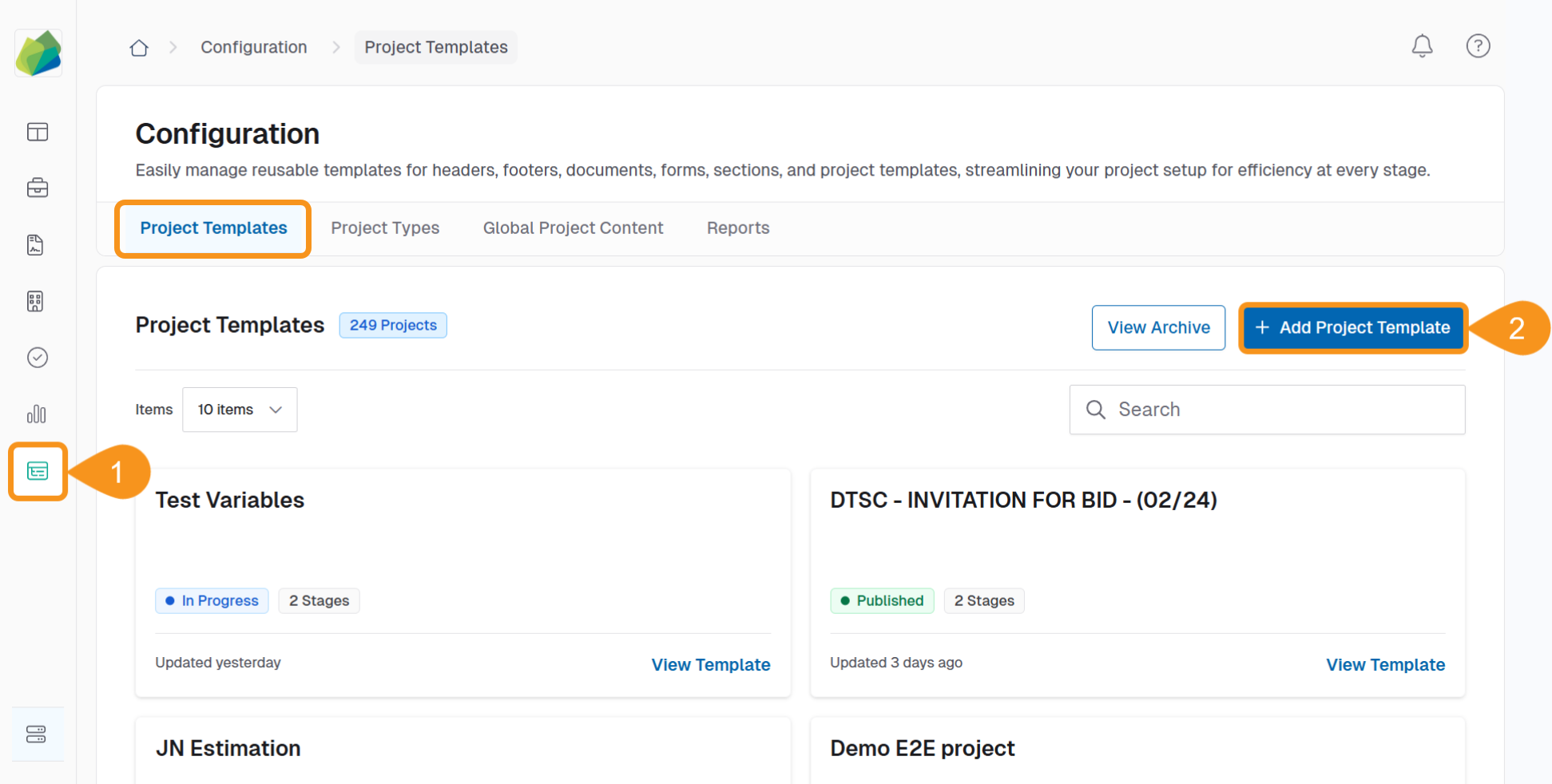 Project Templates page showing the + Add Project Template button in the top right corner