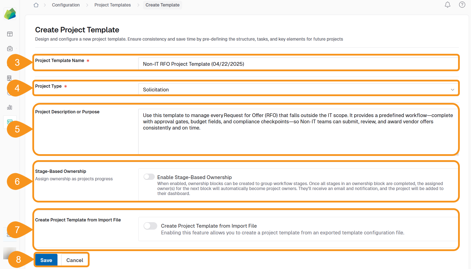New Project Template configuration screen with fields completed and Save button highlighted